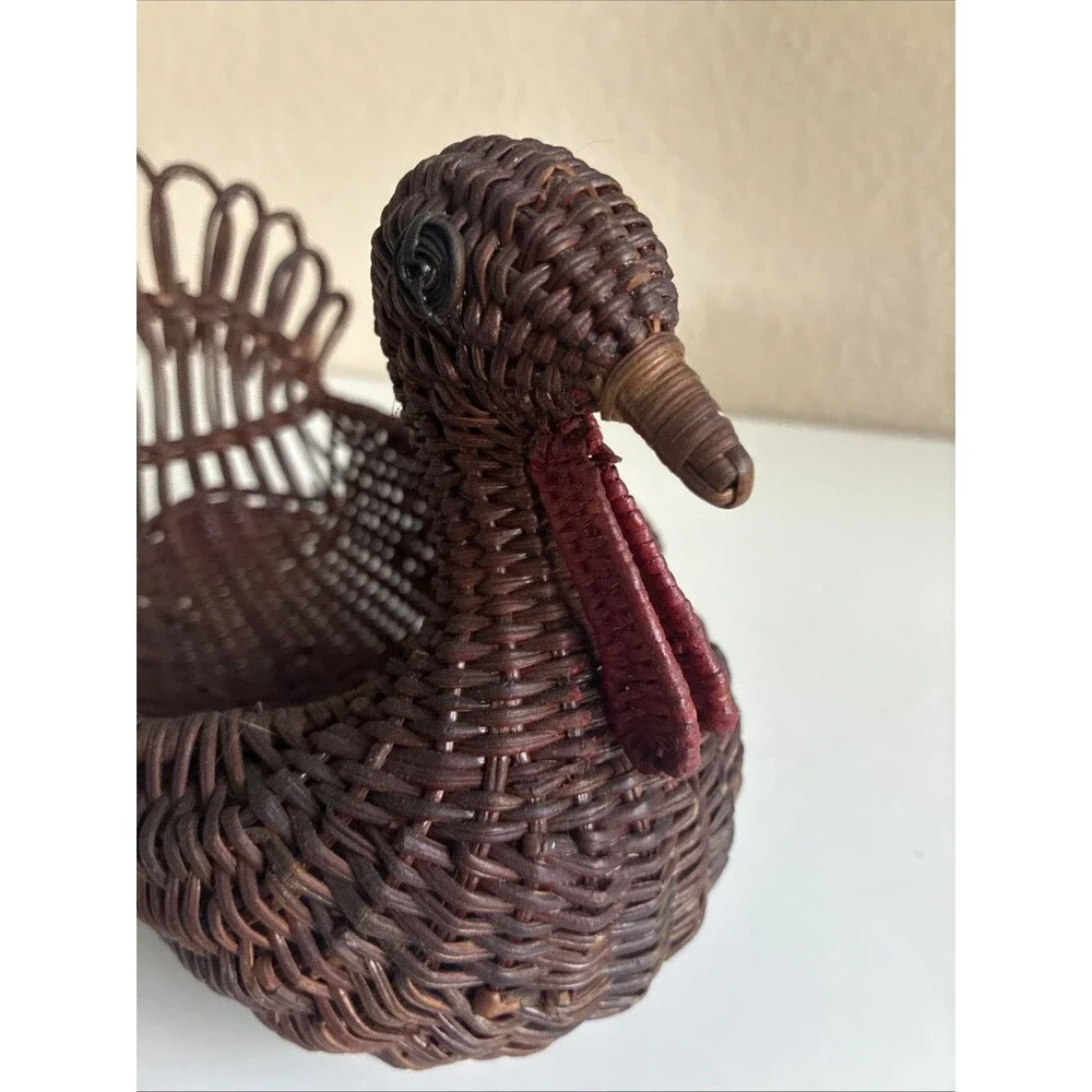 Vintage Turkey Wicker Basket Thanksgiving Cottage Fall Family Boho Feast
